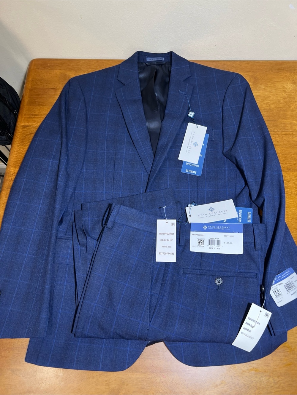 Ryan Seacrest Distinction Dark Blue plaid Suit blazer 36 short-pants 30x30